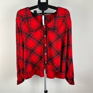 NWT Old Navy XXL Red Plaid Blouse Button Front Tie Neck Rayon Top